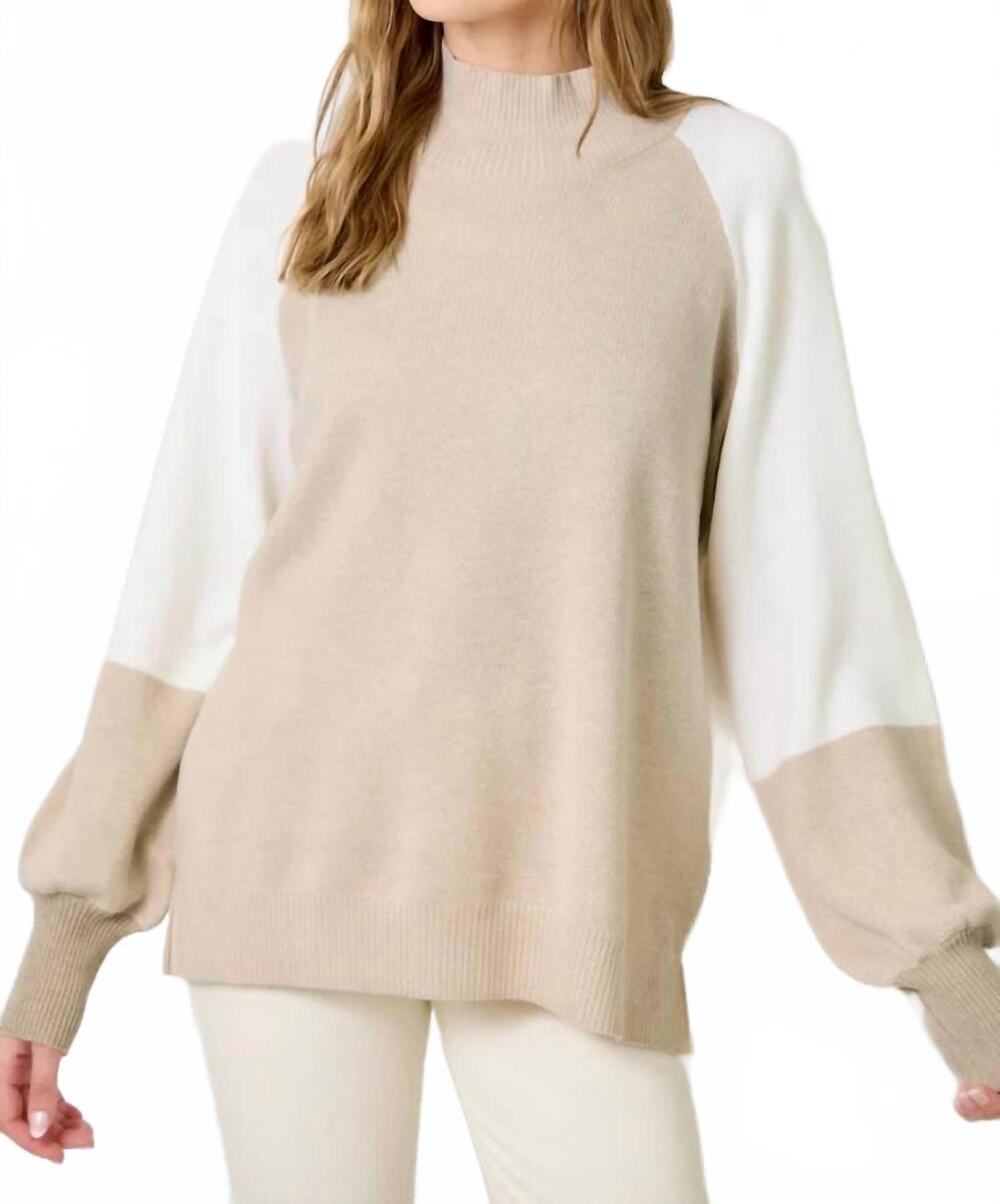 NEW MYSTREE color block mock neck sweater in almond ivory